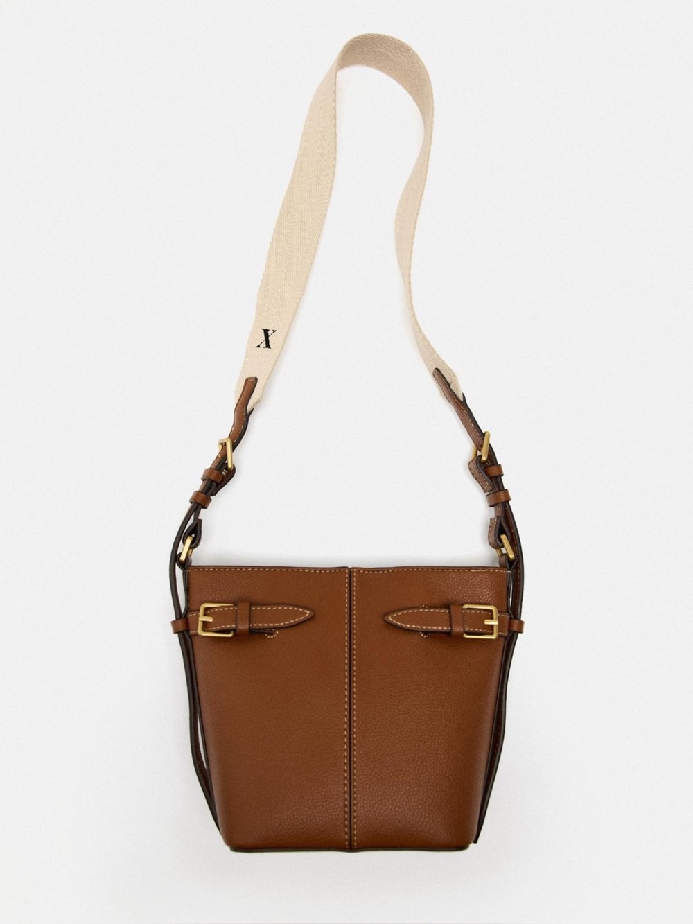Zara Brown Leather Bucket Bag with Canvas Shoulder Strap